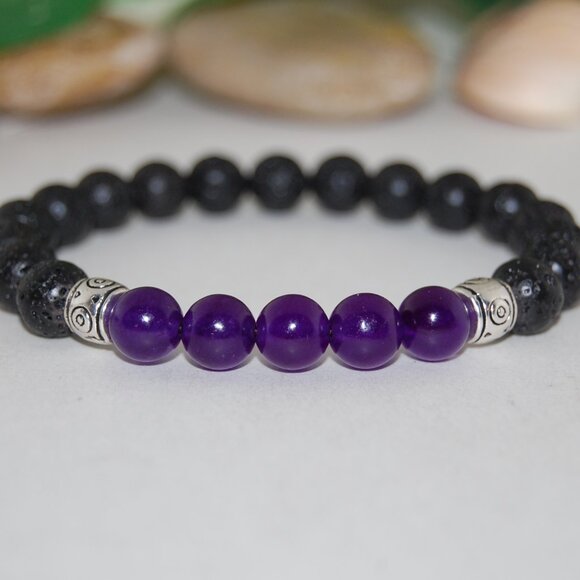 Lava Bracelet,Lava and Amethyst Beads,Black and Purple Bracelet - Picture 2 of 2